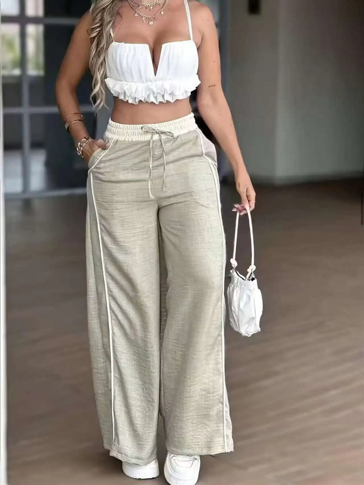 Women's Fashion Casual High Waist Straight Wide Leg Pants Color Block Patchwork Pockets