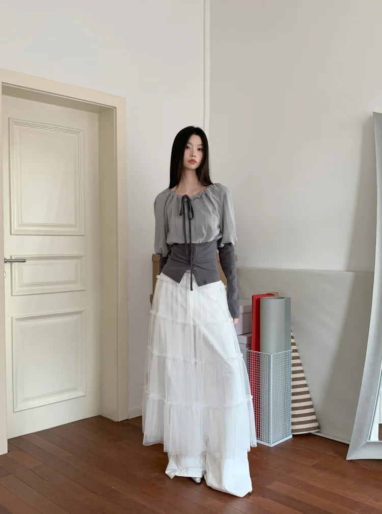 CHEERART Fall 2025 Designer Patchwork Long Sleeve Top And Blouse Autumn Clothing Woman Drawstring Tie Neck Fashion Clothes