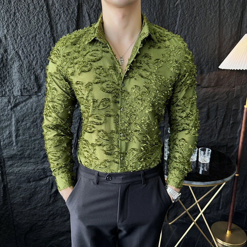 Tassels Shirts For Men Korean New Autumn Winter Long Sleeve Men's Social Shirt Slim Fit All Match Plain Color Blouse Homme 4XL-M