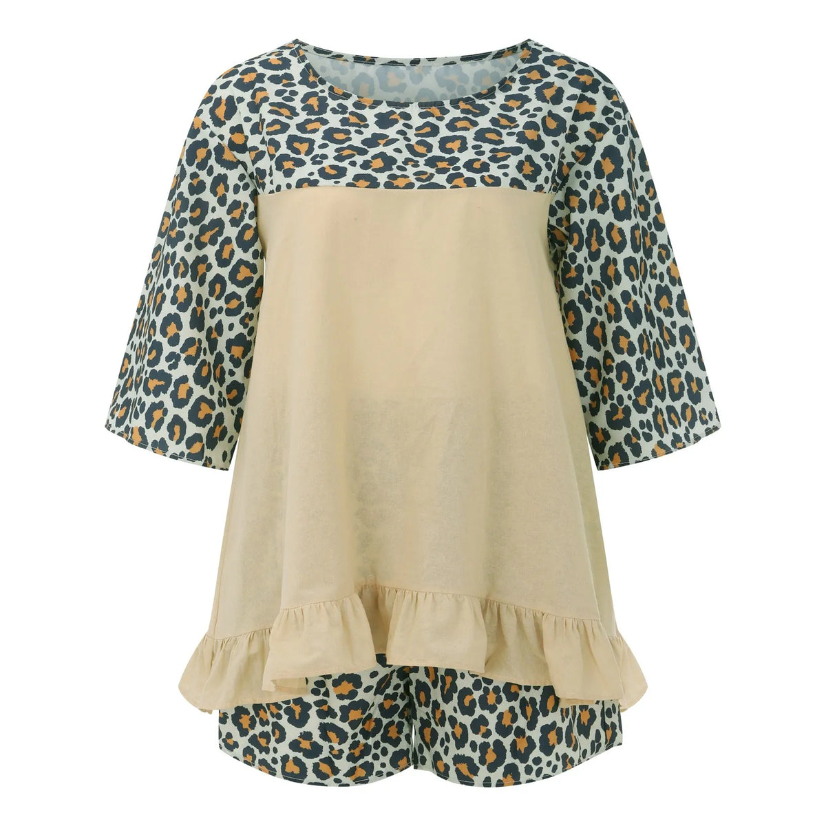 Summer Vintage Leopard Patchwork Outfits Set Cotton Linen Shirt Tops And Loose Shorts Suit Casual 3/4 Sleeve Women Two Piece Set