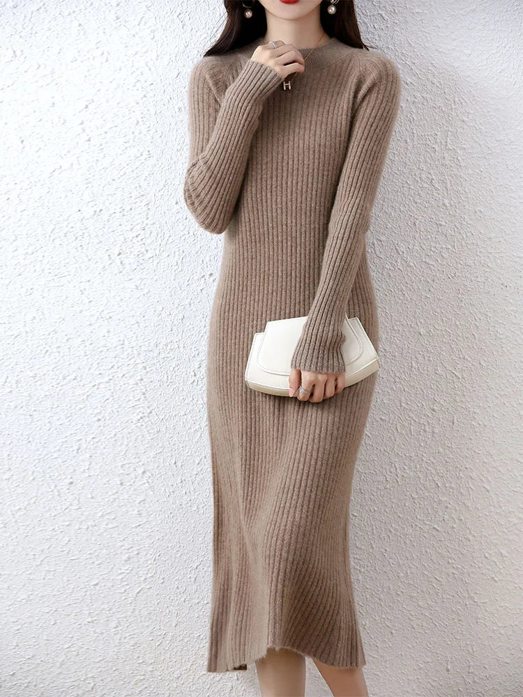 Cashmere Sweater Womens Dresses 100% Merino Wool Autumn Winter New Elegant Knitted Long Dress Female Casual Warm Skirts Vestidos