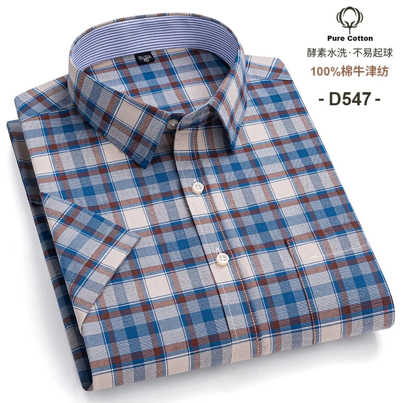 100%Pure Cotton Oxford Men's Shirts Short Sleeve Plaid Soft Regular Fit Formal Dress Shirt Social Blouse Male Clothes 6XL 7XL