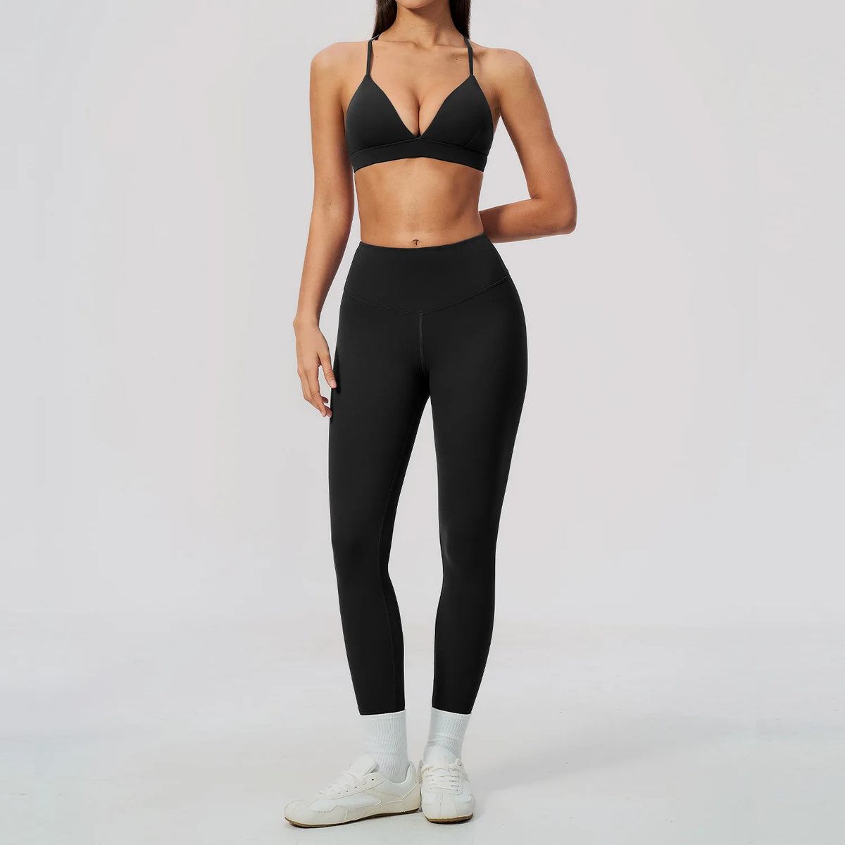 Woman Yoga Set Fitness Suit 2PCS Gym Clothing Running Workout Sportswear Outfit Tracksuit Set V Neck Cross Back High Waist Pants