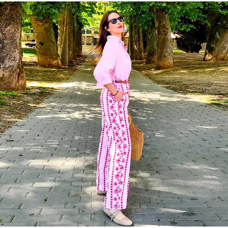 Hollow out Embroidery Long Pants Woman High Waist Flower Loose Straight Versatile Trousers Casual Street Lady New Fashion Pants