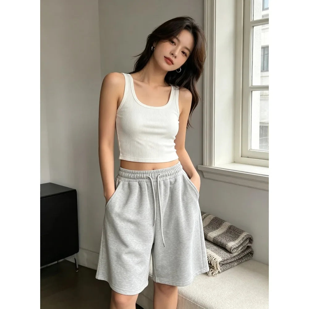 Women Comfy Lounge Wear Wide Leg Sweat Shorts Elastic Drawstring Pocket Casual Sports Daily Shorts  high waisted shorts