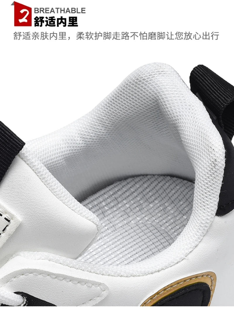 Men'S Black And White Gold Accent Running Shoes Breathable Mesh Upper Lightweight Non Slip Athletic Sneakers For Daily Wear