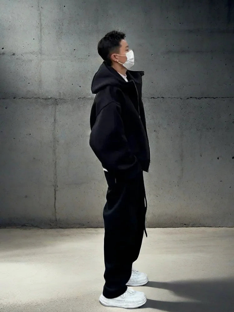 Autumn Winter Men's Casual Hoodie Sports Set Korean Fashion Loose Zip Up Hooded Sweatshirt and Sports Pants Two-piece Set