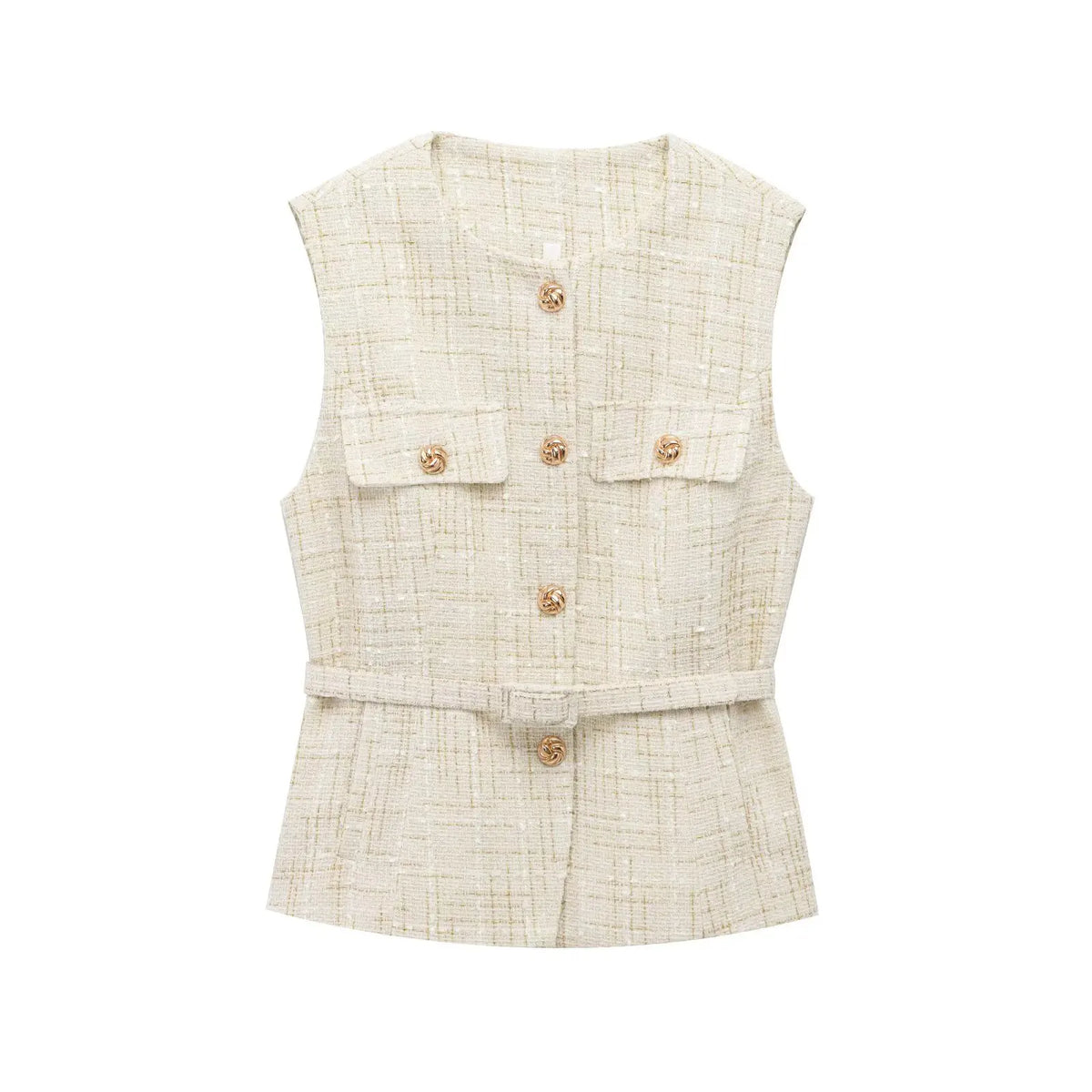 KONDALA Vintage Belt Twist Waistcoats Women O Neck Sleeveless Gold Button Vest Fashion 2025 Spring Summer Office Lady Blazer Top