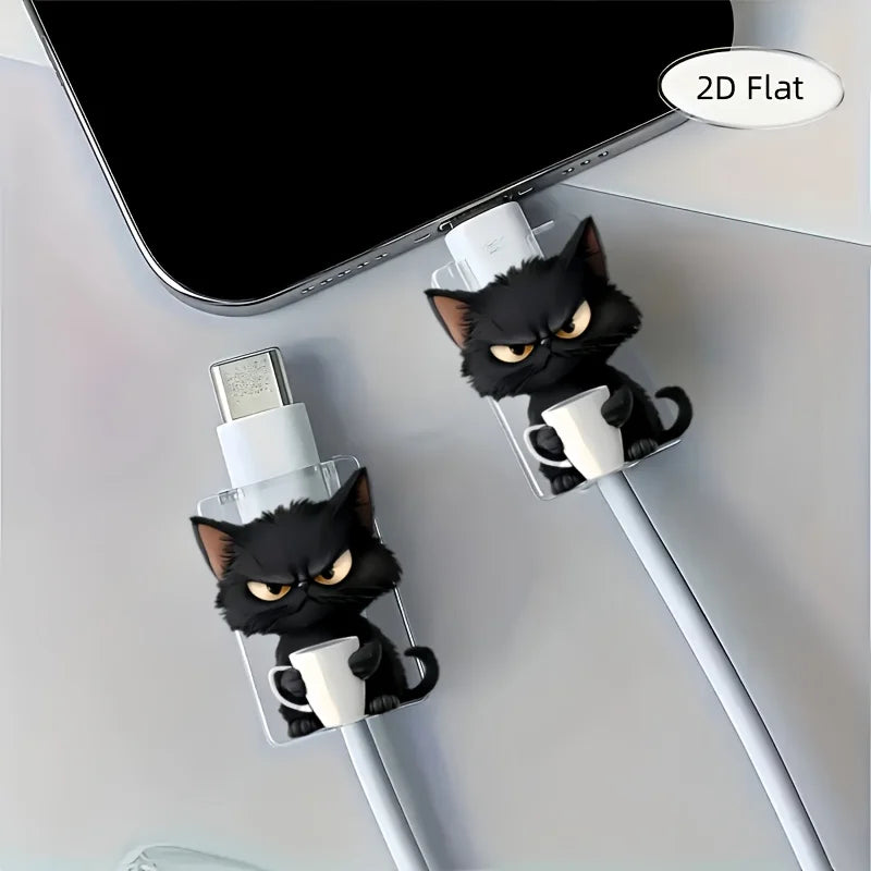 2Pcs 2D Cat Pattern Cable Protector, Anti-Scratch Plastic Cord Sleeve for Type-C Charger Cable, Cute & Durable Design