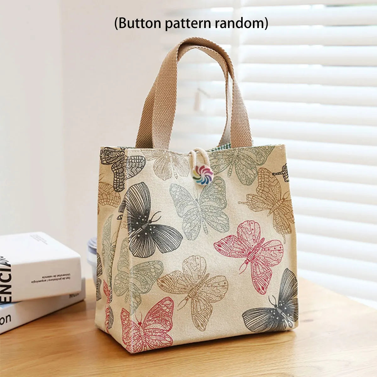 White Canvas Fashion Delicate Random Butterfly Print Portable Bento Bag Fashion Handbag Tote Bag One Pack