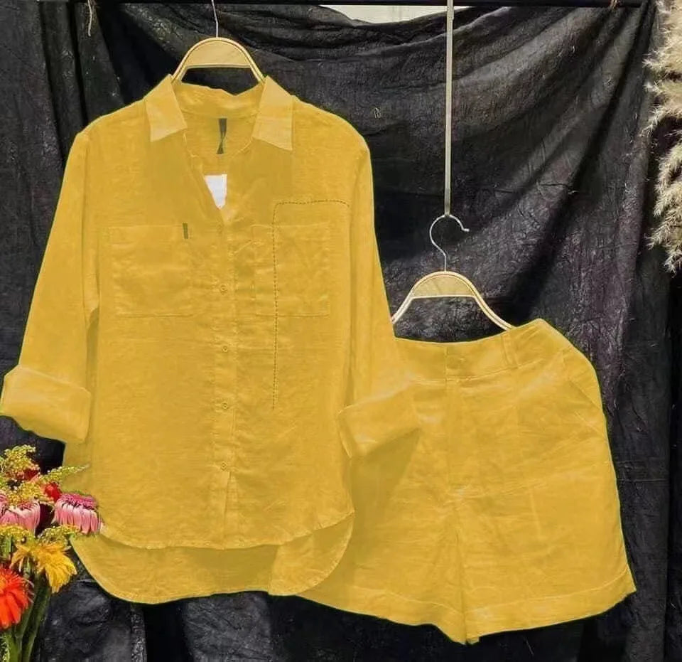 2025 Summer Cotton Linen Casual Shirt Two Piece Set For Women Shorts 2 Piece Sets Outfit Long Sleeve Short Sets Outfits Home