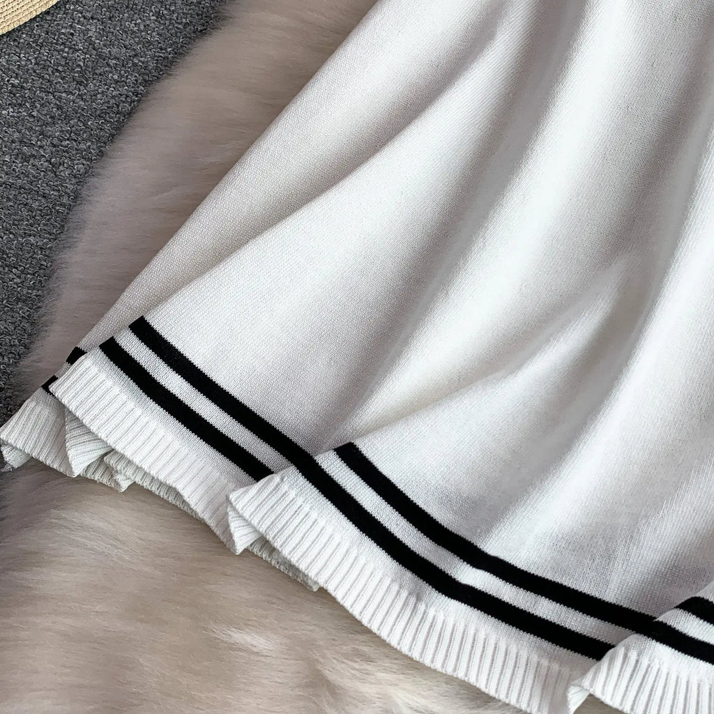 Summer Women Sweet Strechy Sundress Turndown Collar Short Sleeve Knitted Dress Lace Up Bow High Waist A-line Mini Dress