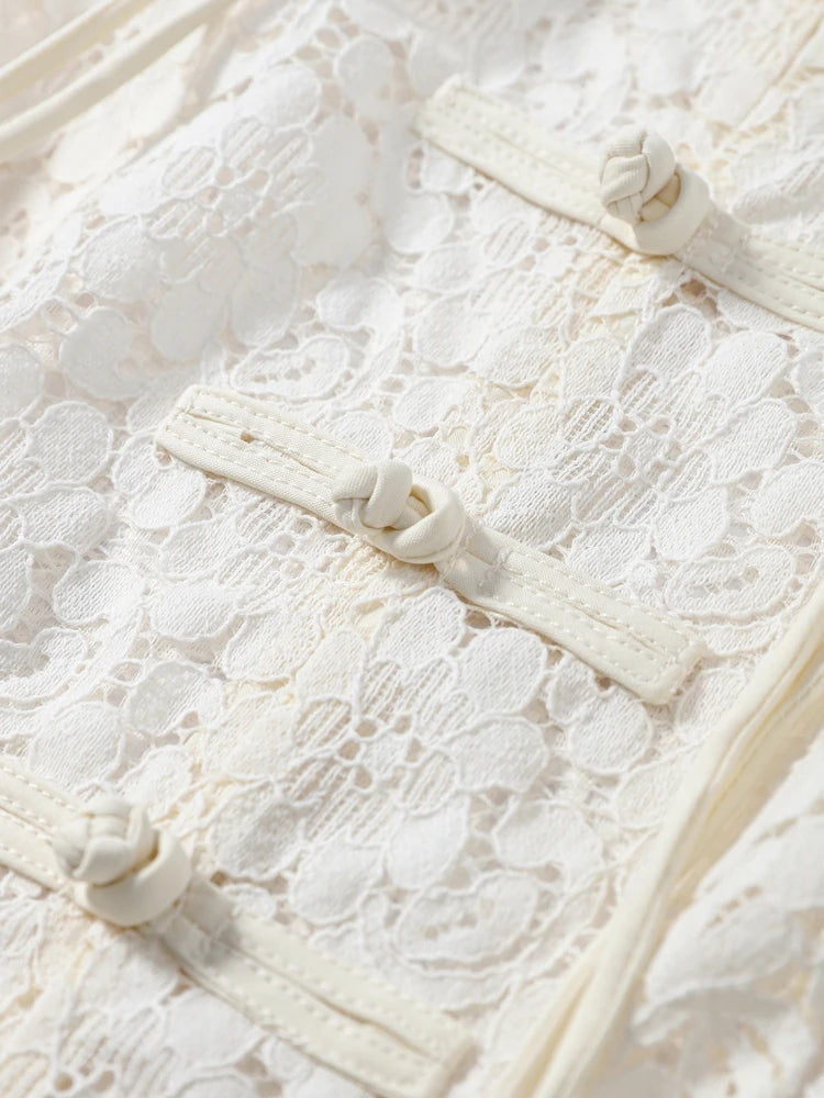 White Lace Cheongsam Style Top Sleeveless Frog Button Sheer Blouse 2026 Summer Fashion Elegant Casual Chic Streetwear Women Item
