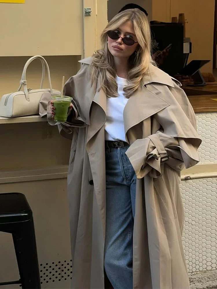 Khaki Lace Up Cape Trench Coat Loose Solid Full Sleeve Lapel Windbreaker 2026 Autumn New Fashion Commute Casual Daily Coats
