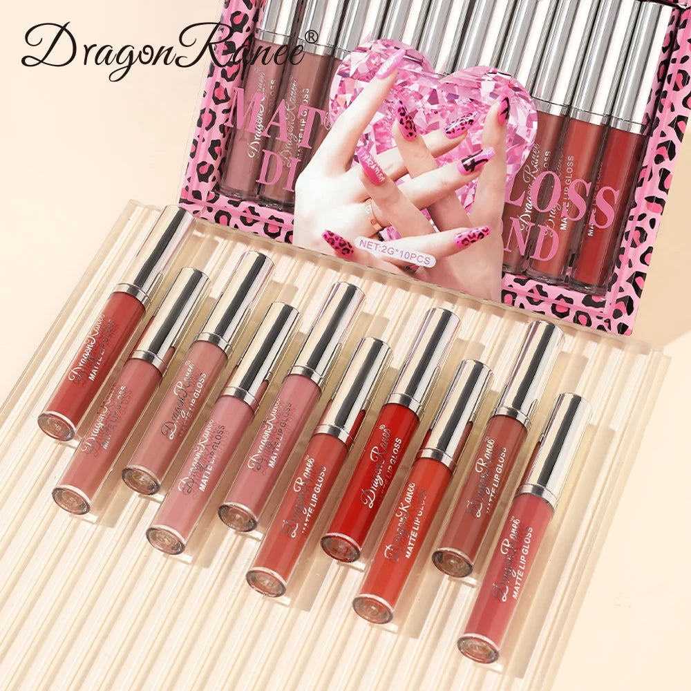 Lip Gloss Set of Ten in a Box, Velvet Soft Matte, Brightening, Versatile, Moisturizing Lipstick, Nude Color, Long-Lasting, Non-Stick, Non-Fading Lip Gloss