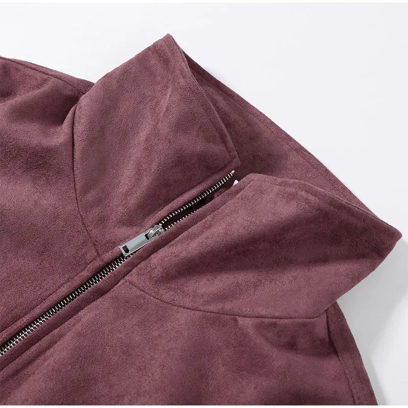 Women Dusty Faux Suede Bomber Jacket Stand Collar Zip Up Loose Drop Shoulder Elastic Hem Casual Fall Outerwear 2026 Fashion Coat