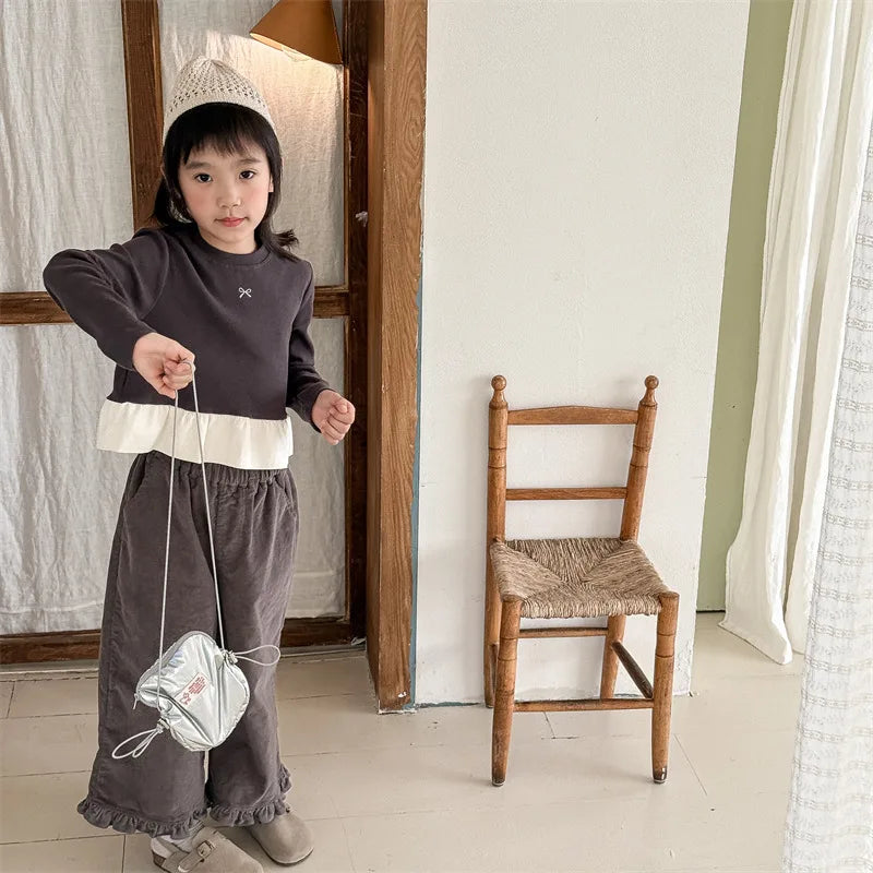 deer jonmi 2026 New Spring Baby Girls Wide Leg Pants Floral Printed Korean Style Corduroy Ruffles Toddlers Kids Casual Trousers