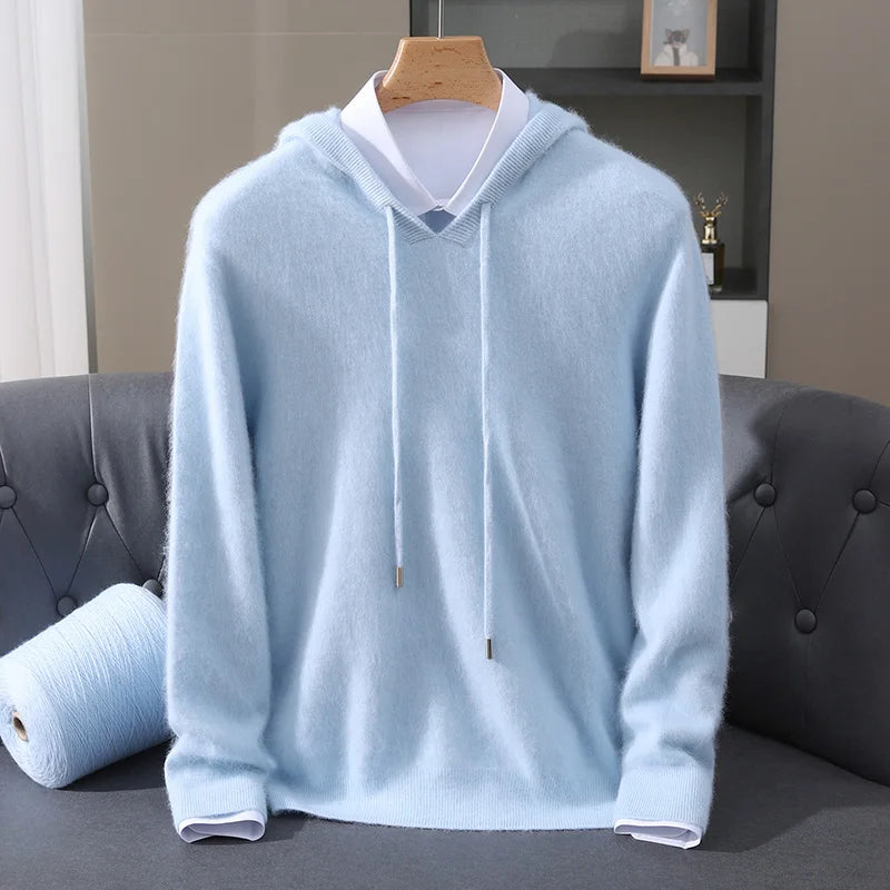 LHZSYY 100% Pure Mink Cashmere Hooded Sweater Men's Hooded Knitted Pullover Business Casual Loose Hoodie Autumn Bottoming Shirt