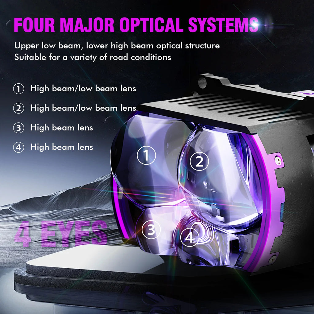 New Arrival 3.0 Inch Ultra Bright High/Low Light 220W/180W 50000lm LED Headlight Lens, Dual LED Projector 4-5 Laser Light