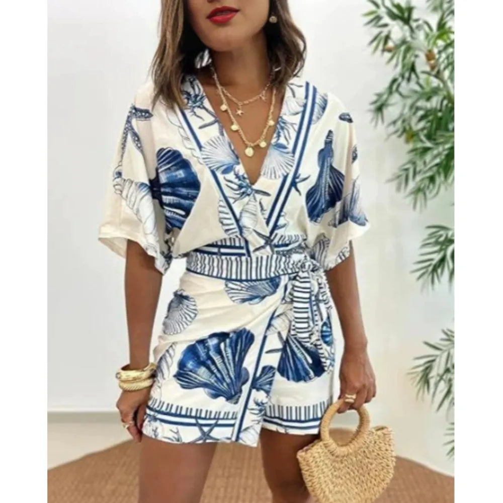 Fashion Printed Short Sleeve Women's V-neck Slim Fit Jumpsuit Summer New Casual Bohemian Female Vacation Lace Up Rompers 2026