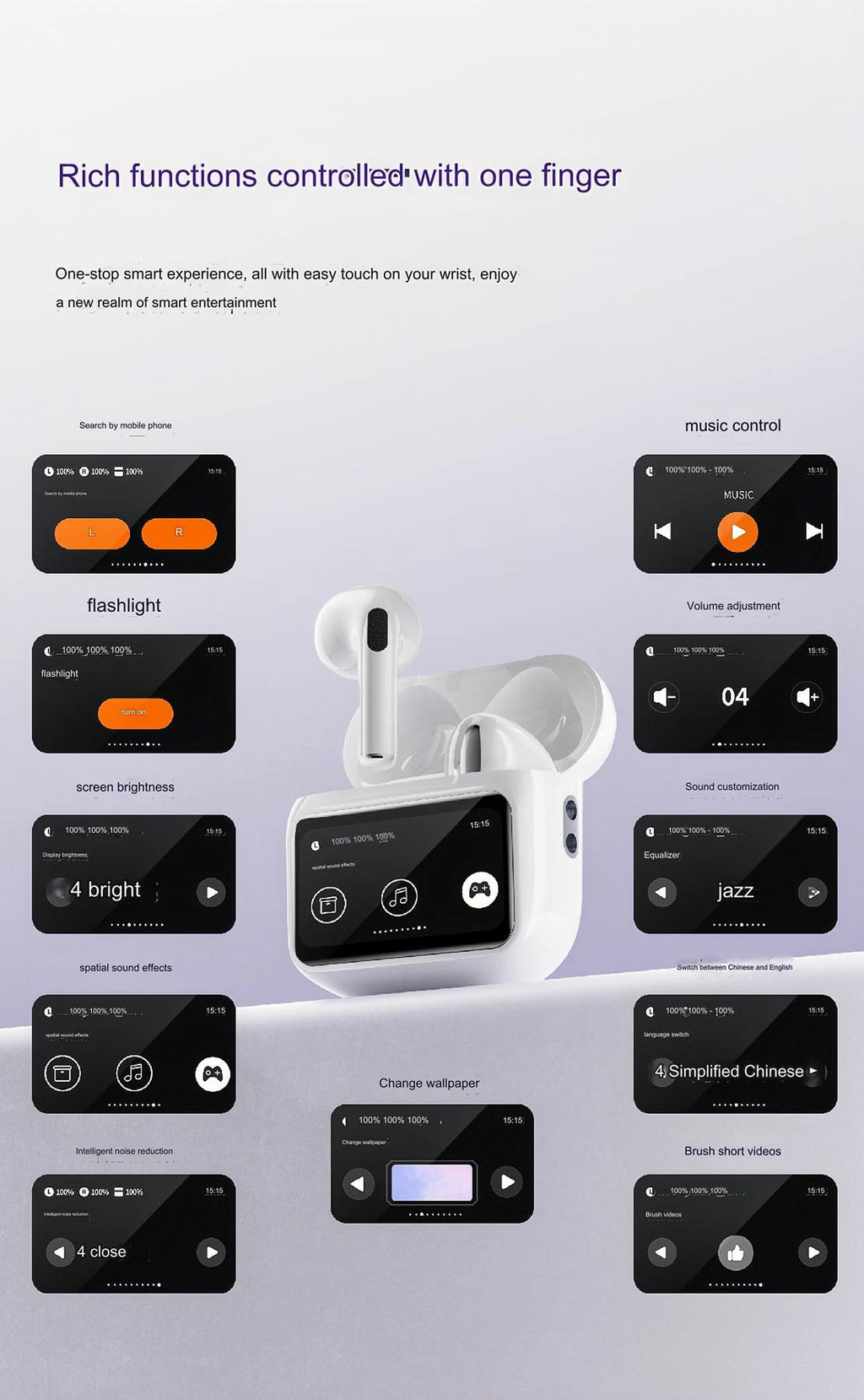 Multi-language New Arrival Headphones W12ENC Noise Reduction Smart Screen Waterproof Sports Bluetooth Headset Headphones Factory