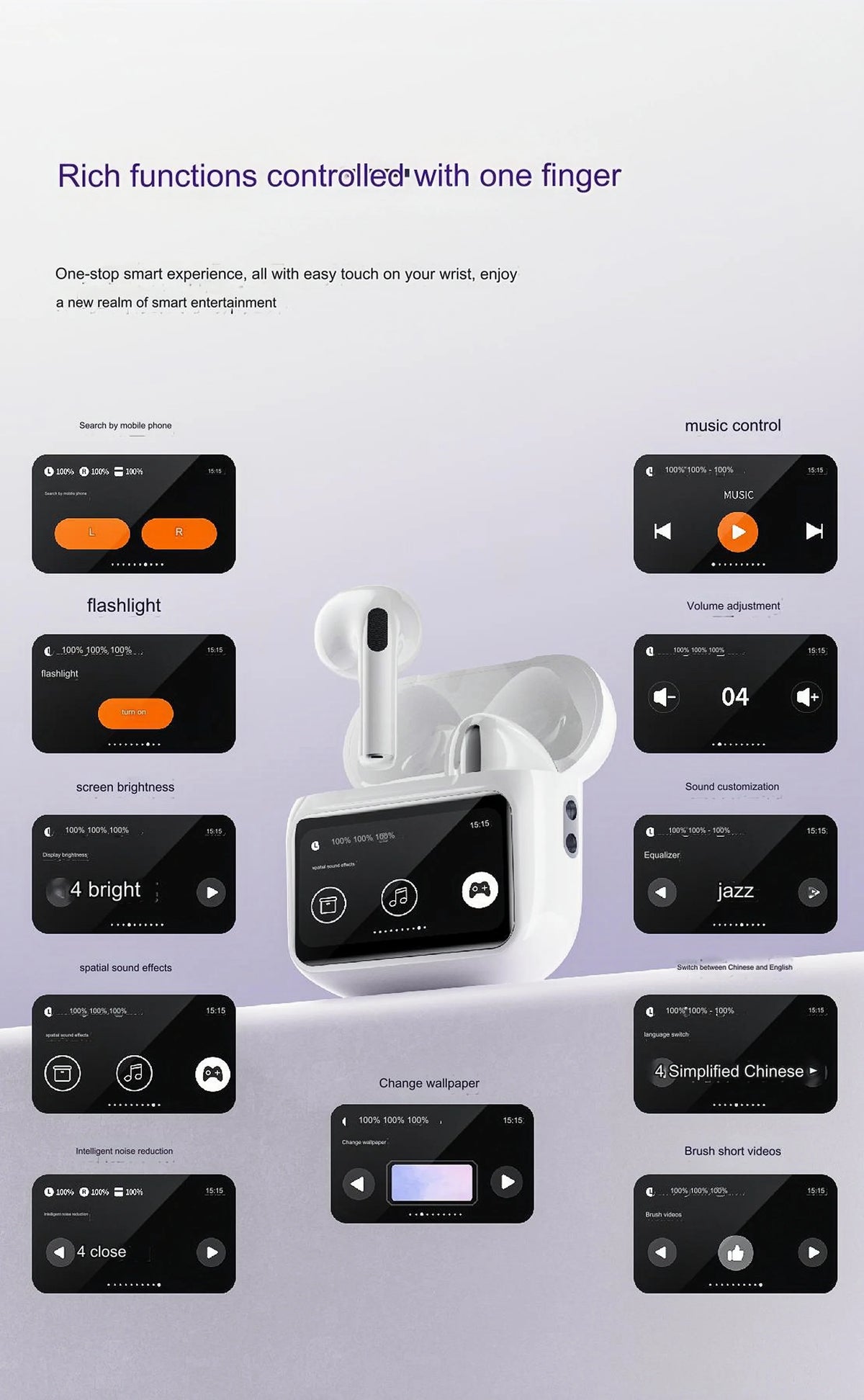 Multi-language New Arrival Headphones W12ENC Noise Reduction Smart Screen Waterproof Sports Bluetooth Headset Headphones Factory