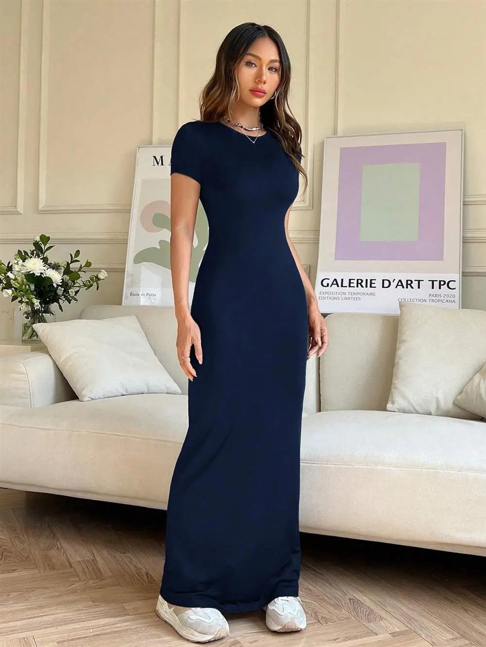 Sexy Slim Fit Short Sleeve round Neck Dress Pure Color Long Dress for Women LinJ2026 Casual European Style mid Waist Skirt