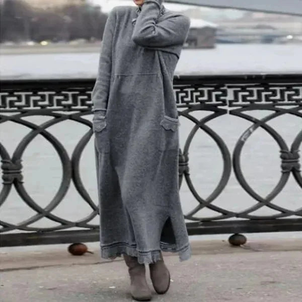 Women's Maxi Dress Autumn Winter Fashion New Style Elegant Loose Long Sleeve Hoodie Retro Casual Thick Warm Dresses For Women