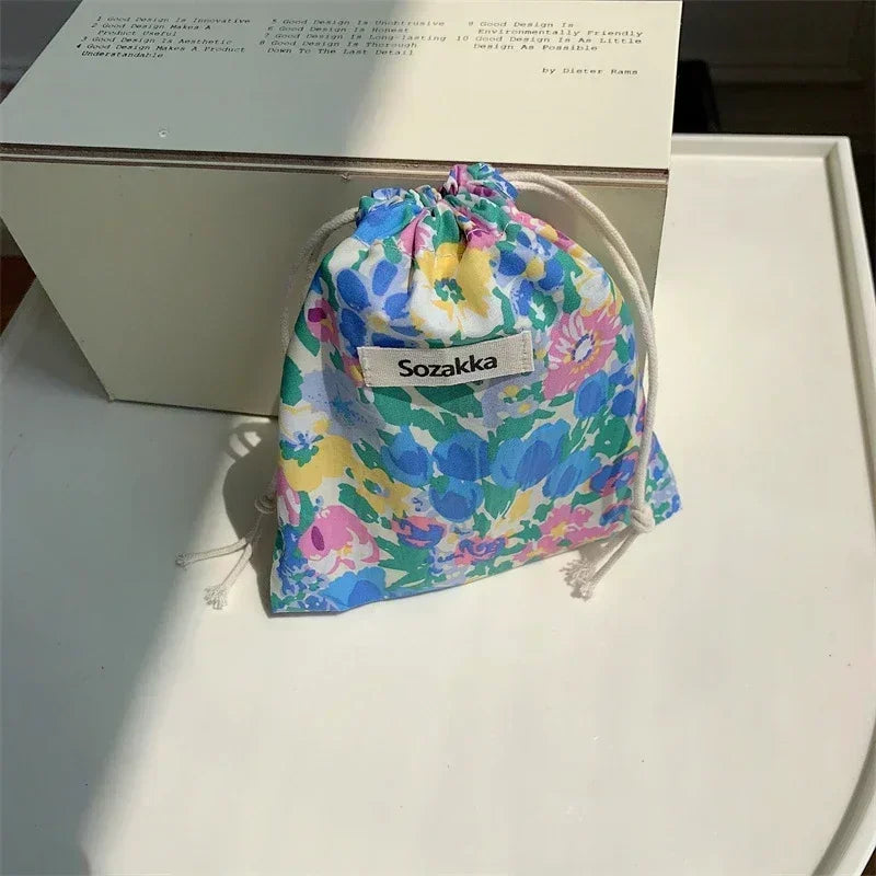 Kawaii Cloth Floral Drawstring Storage Bag Cosmetic Organizer for Women Makeup Handbags Wallet Small Pouch