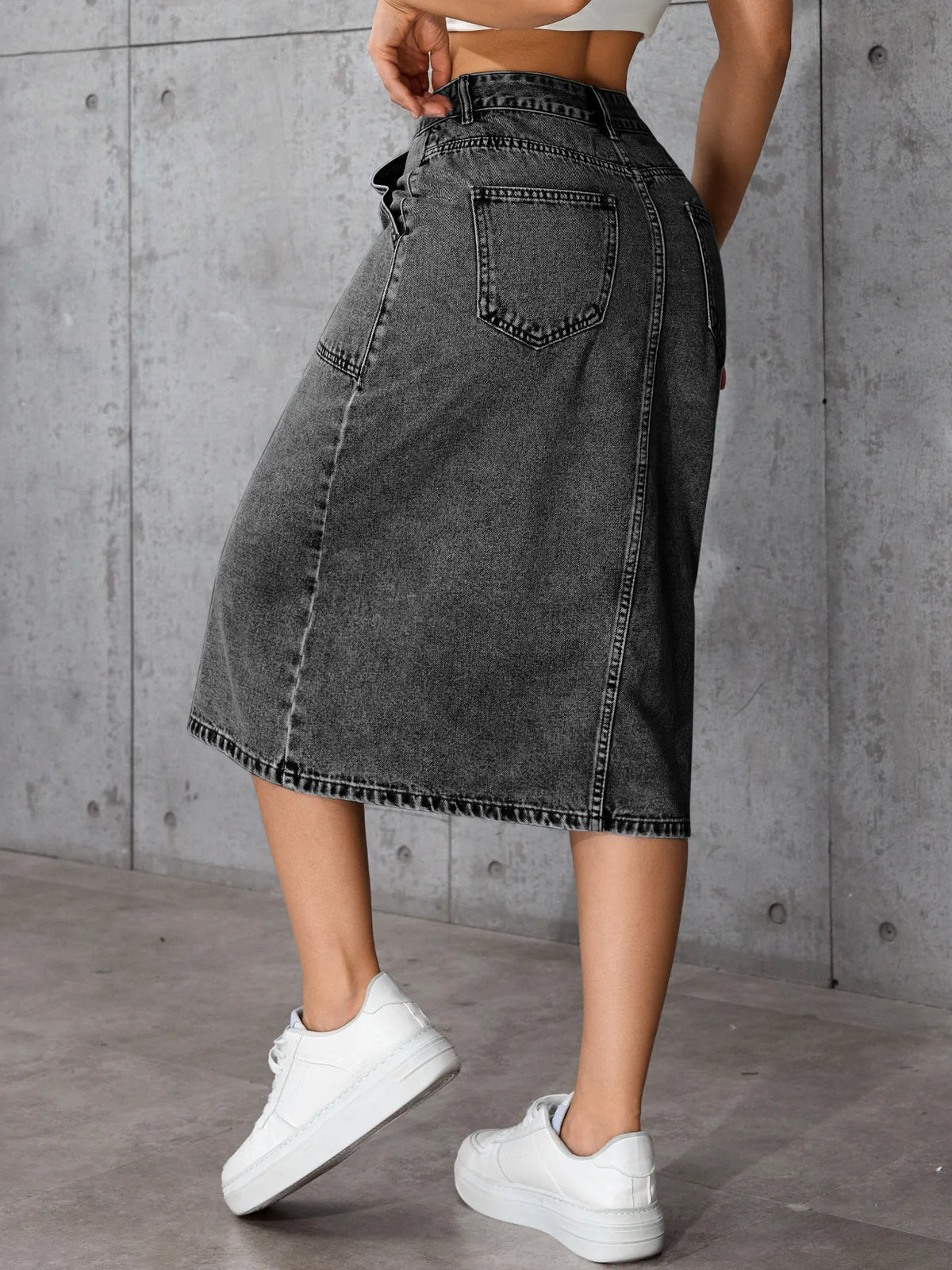Summer Women Denim Skirt High Waist Buttons Placket Solid Color Midi Skirt Irregular Slit Design Mid-calf Length Skirt