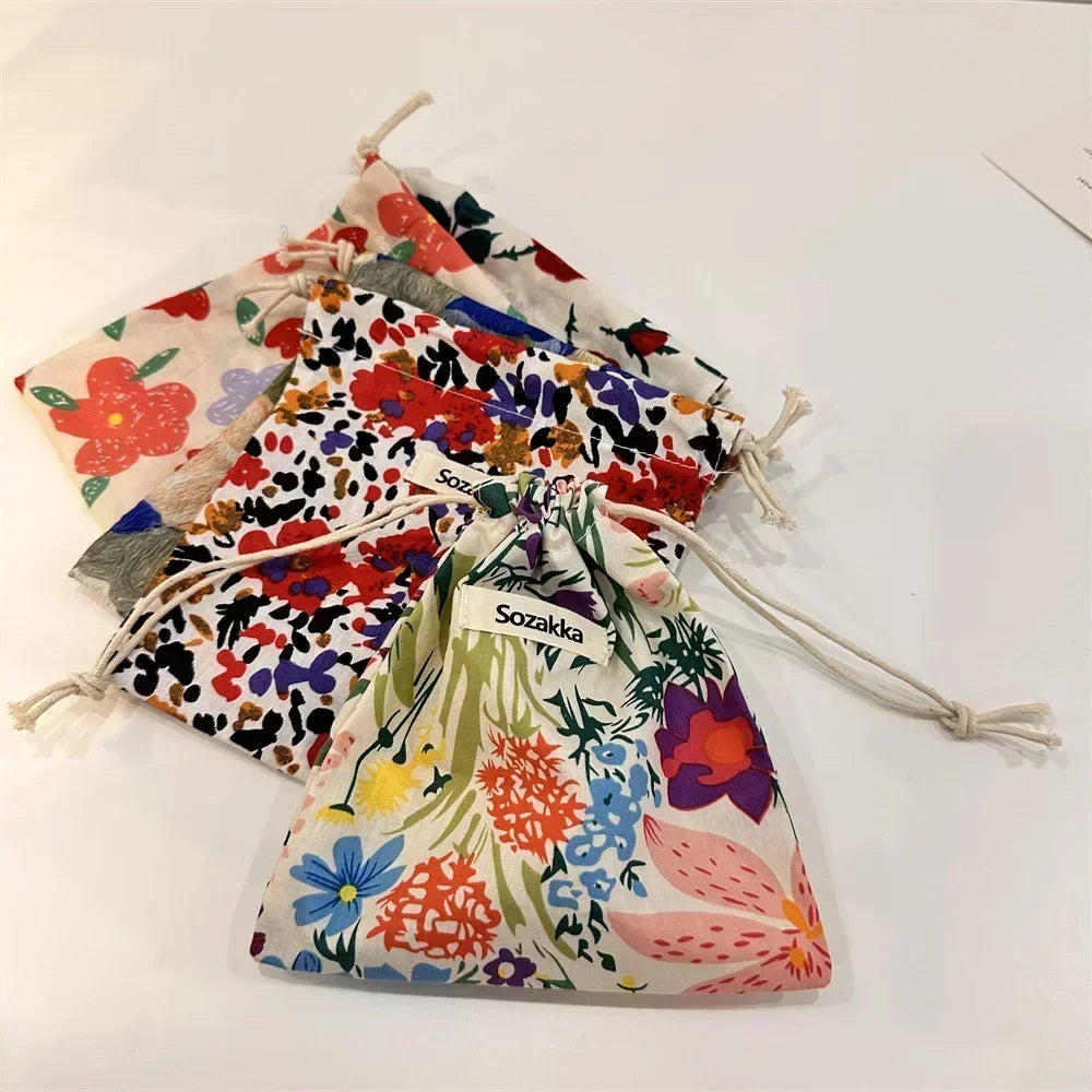 Kawaii Cloth Floral Drawstring Storage Bag Cosmetic Organizer for Women Makeup Handbags Wallet Small Pouch