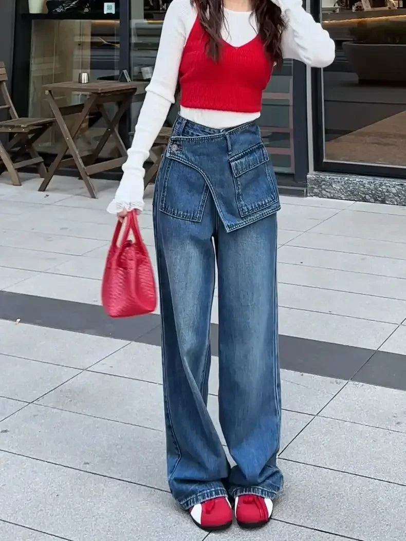 Fake Two-piece Retro High-waisted Wide-leg Jeans Women's Autumn New Loose and Thin Casual Straight-leg Floor Pants