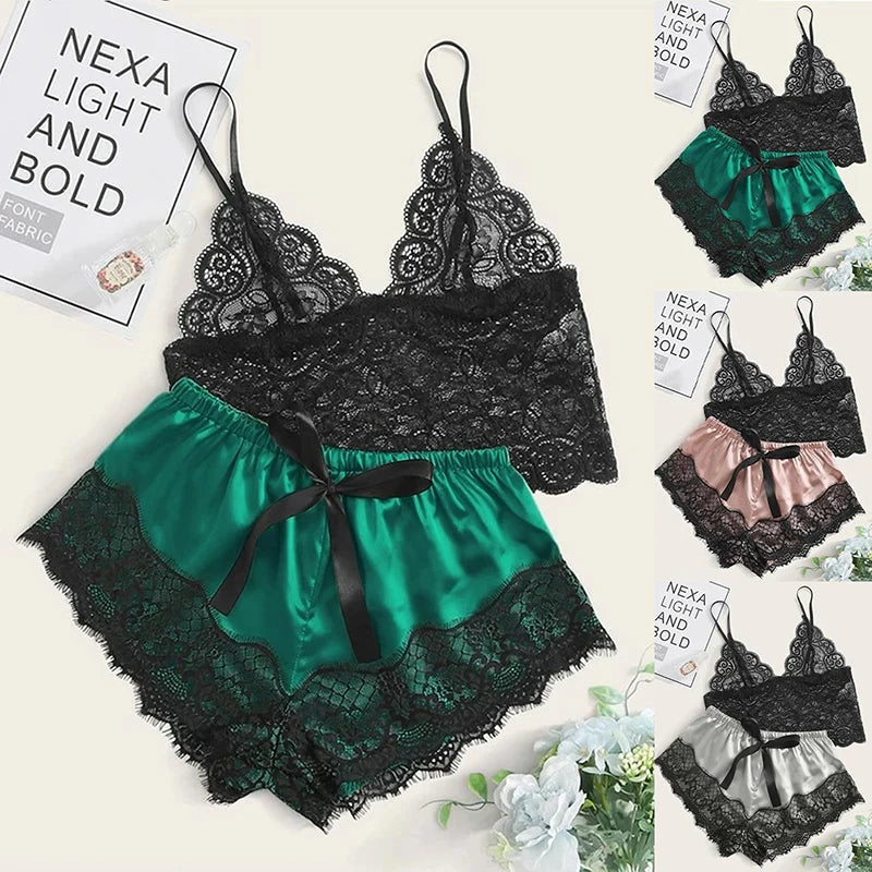 Women's Lace Pajama Set – Crop Top & Shorts