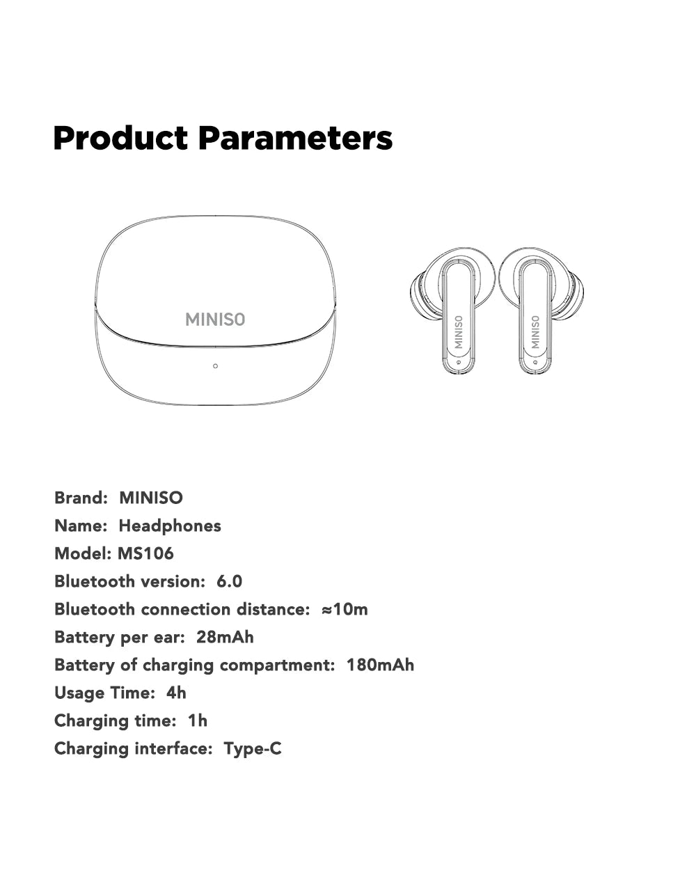 MINISO MS106 Bluetooth Earphone TWS Wireless Headphones Long Battery Life Sports Earphones Noise Reduction Comfortable Earbud