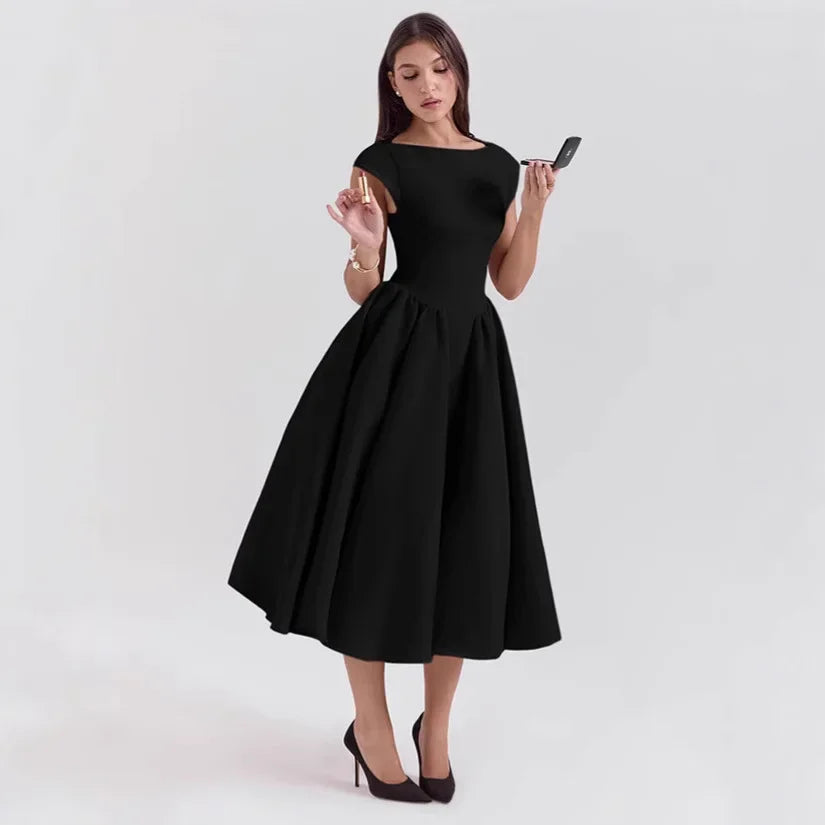 Summer Women Backless A-line Sexy Maxi Dress Gown Solid Hollow Out Sleeveless High Waist Club French Style Pleated Dress