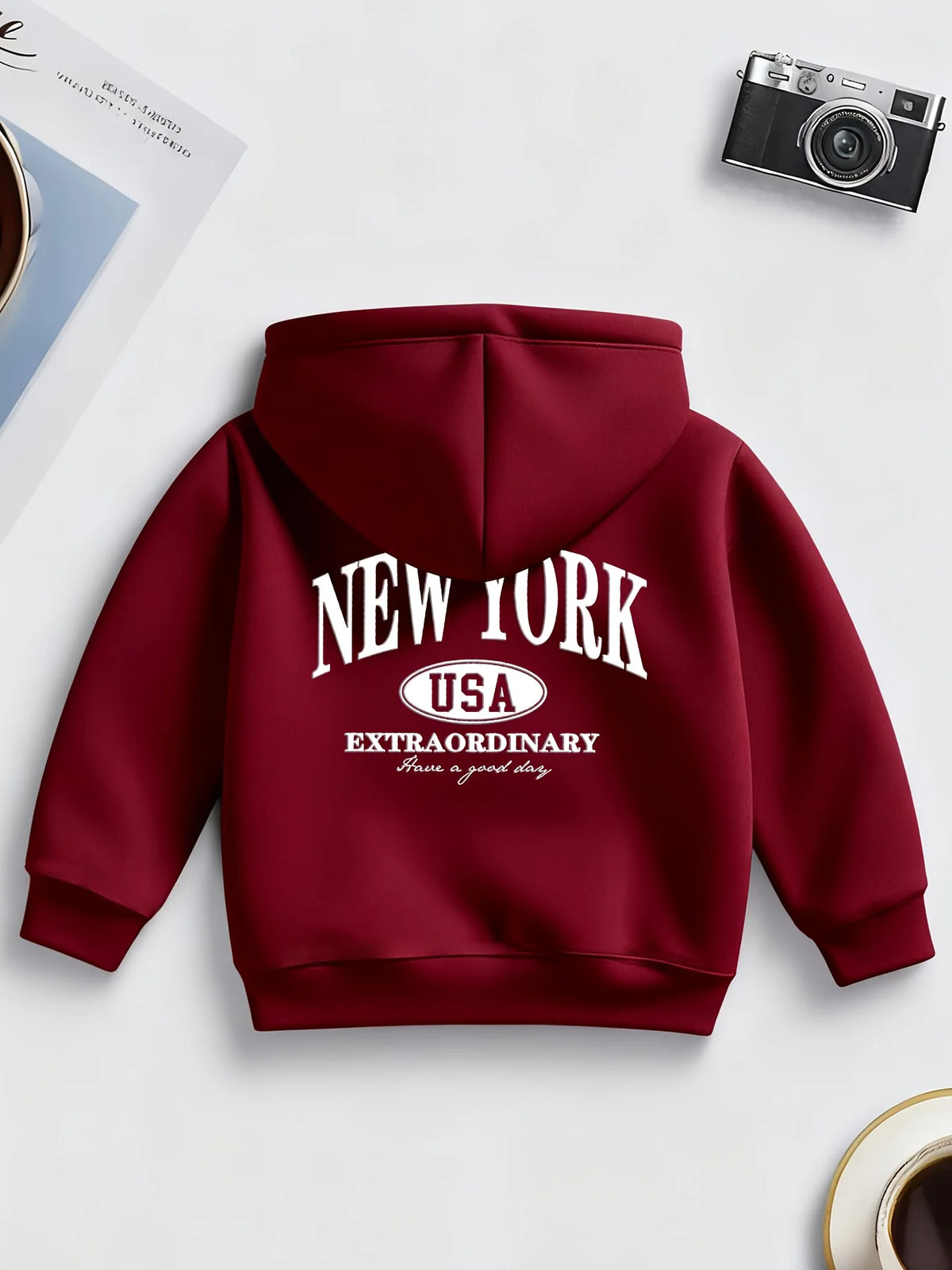 New American-style children's hoodie with New York print and American oval logoPerfect for fall/winter Christmas gifts for kids.