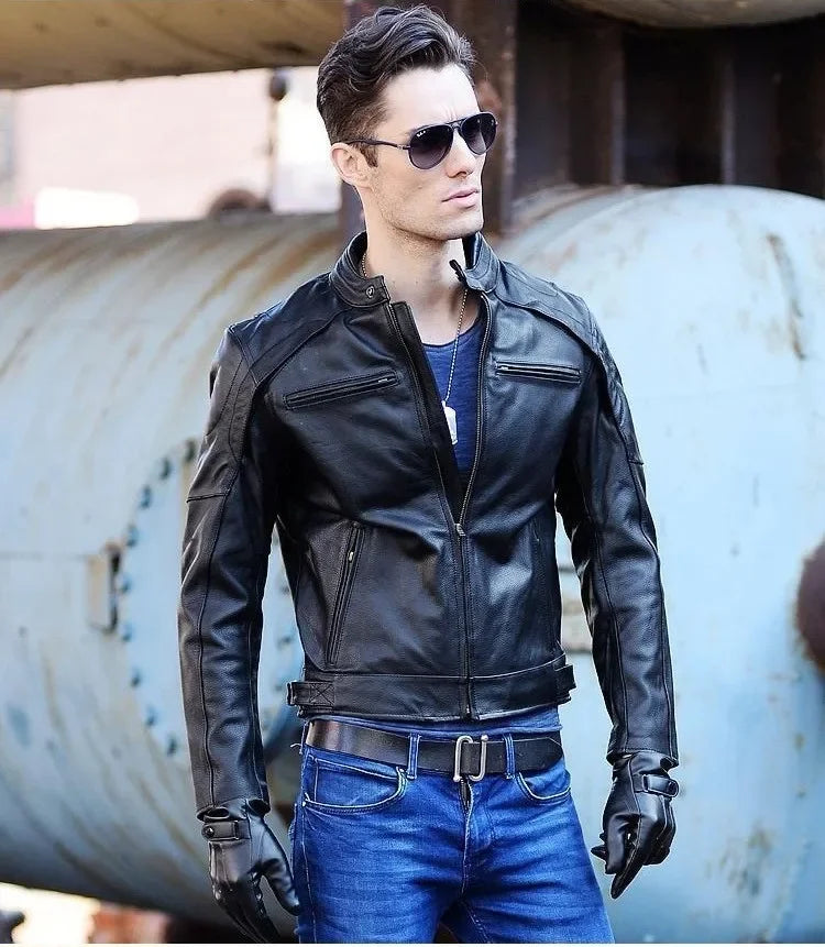 LNY Shop Best.Motor Biker real leather jacket,quality Classic rider leather clothes,man Protectable thick cowhide coat.