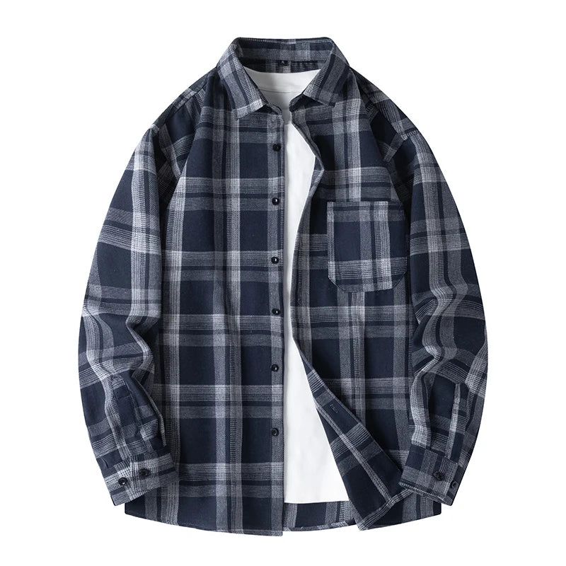 Men Shirt Plaid FlannelLong Sleeve Blue Loose Mens Casual Shirt Oversized Spring Autumn Comfortable Male Soft Dress Shirt