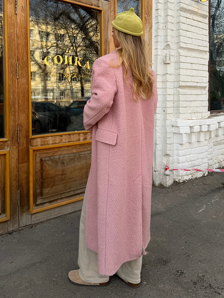 Elegant Women's Woolen Overcoat Solid Lapel Double Breasted Full Sleeve Long Coat 2026 Autumn Winter Fashion Lady Outwear
