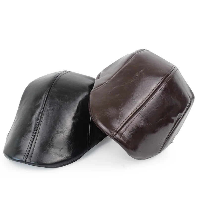 Fall Winter PU Men's Beret Hat Fashionable Casual Style Headwear for Men Bright Leather-like Warm Forward Hats Visors for Women