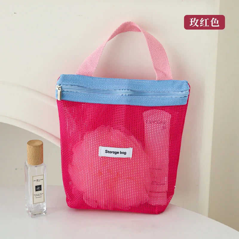 Women's Color-Block Mesh Makeup Bag with Top Handle and Cute Patch Small Cosmetic Pouch for Daily Travel Essentials Storage