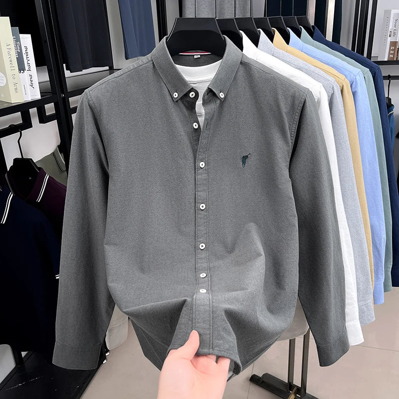 High End 100% Pure Cotton Long Sleeved Men's 2026 Spring Fashion Solid Color Business Casual Small Horse Logo Shirt