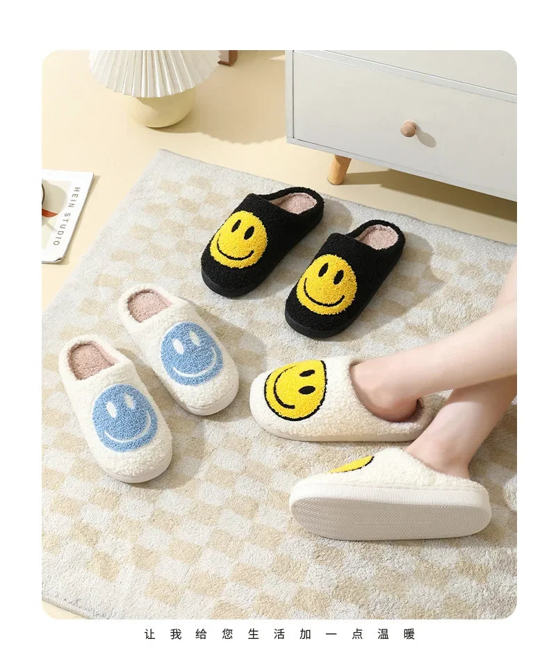 Fuzzy Smile Face Women man Slipper Kawaii Cartoon Plush Contton Indoor Funny Cute Winter Warm Floor house Home Non slip Shoes