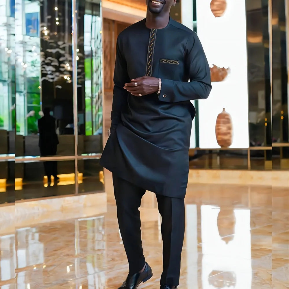 Kaftan Elegant Men's Suit Long Sleeve Ethnic Style Casual EmbroideryTop And Pants 2PCS Sets African Fashion Traditional Outfits