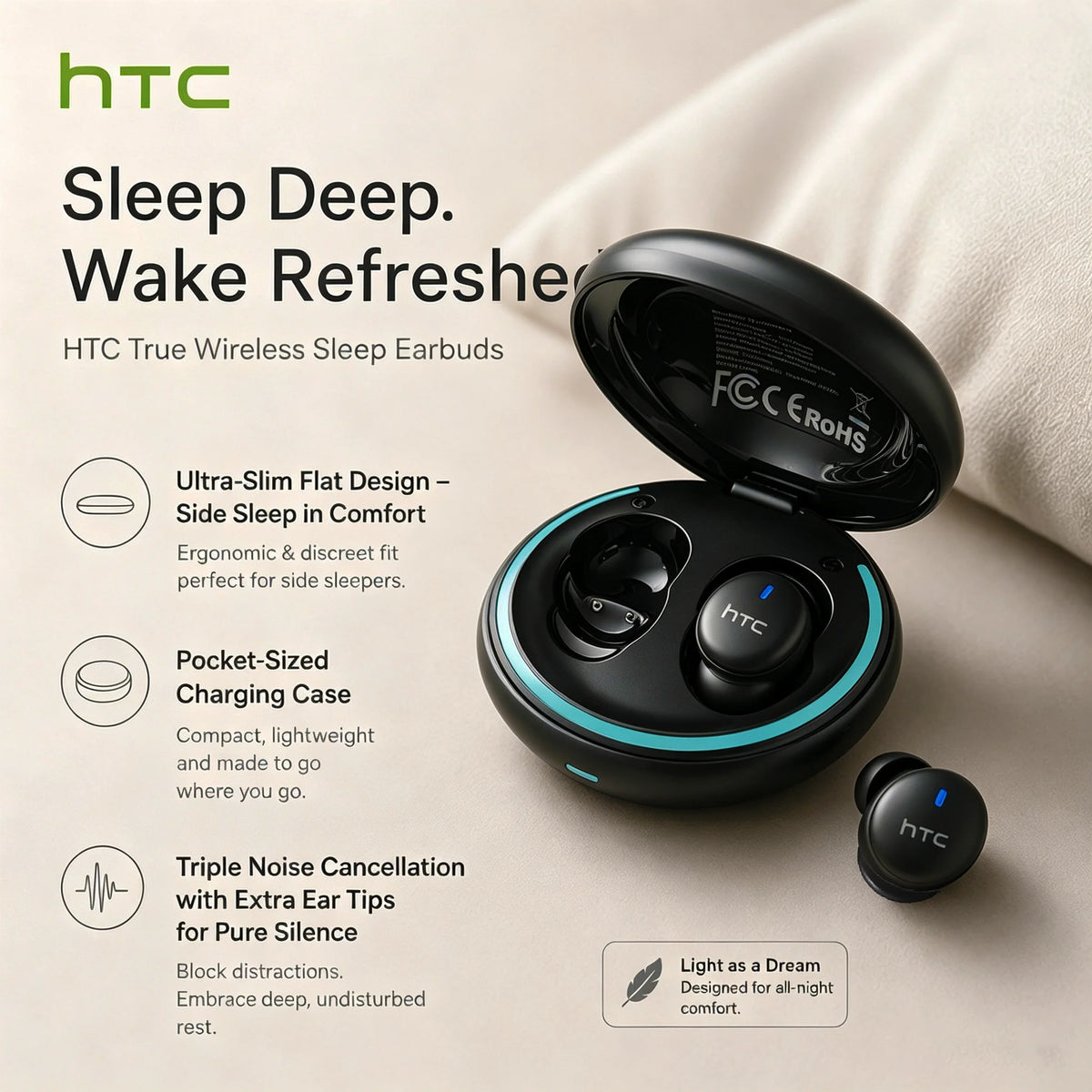 HTC NE92 Sleeping Mini Bluetooth Earphones TWS Wireless Headphones With Mic Noise Reduction Soft In-Ear Earbuds