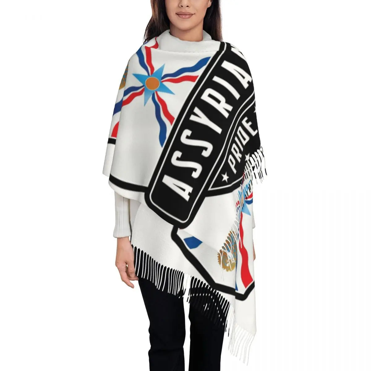 Luxury Assyrian Suryoyo Flag Scarf Tassel Scarves Women Soft Warm Shawls and Wraps Large Fall Winter Shawl Wrap