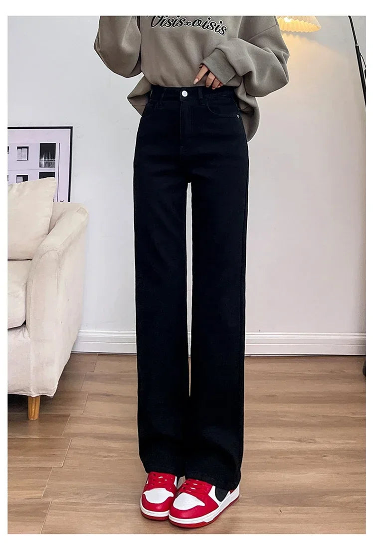 Winter Thickened Women's Mink Velvet Jeans Loose Straight Warm Soft Fleece Fashion Elastic High Waist Female Pants Black Blue