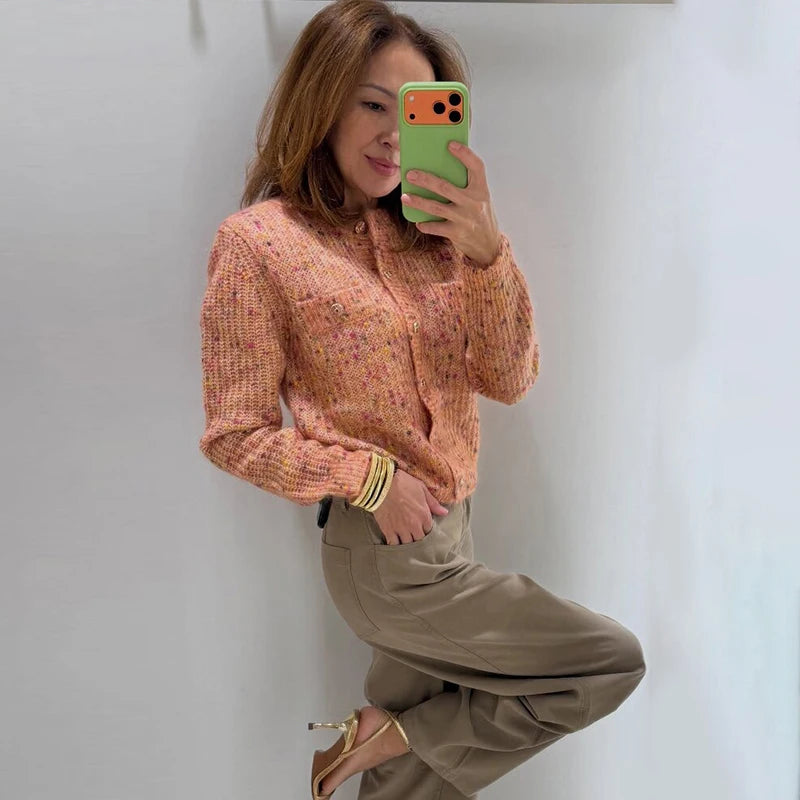 Women Cropped Knit Cardigan Speckled Round Neck Metal Button Front Long Sleeve Slim Fit Knit Jacket Casual Ladies Outerwear