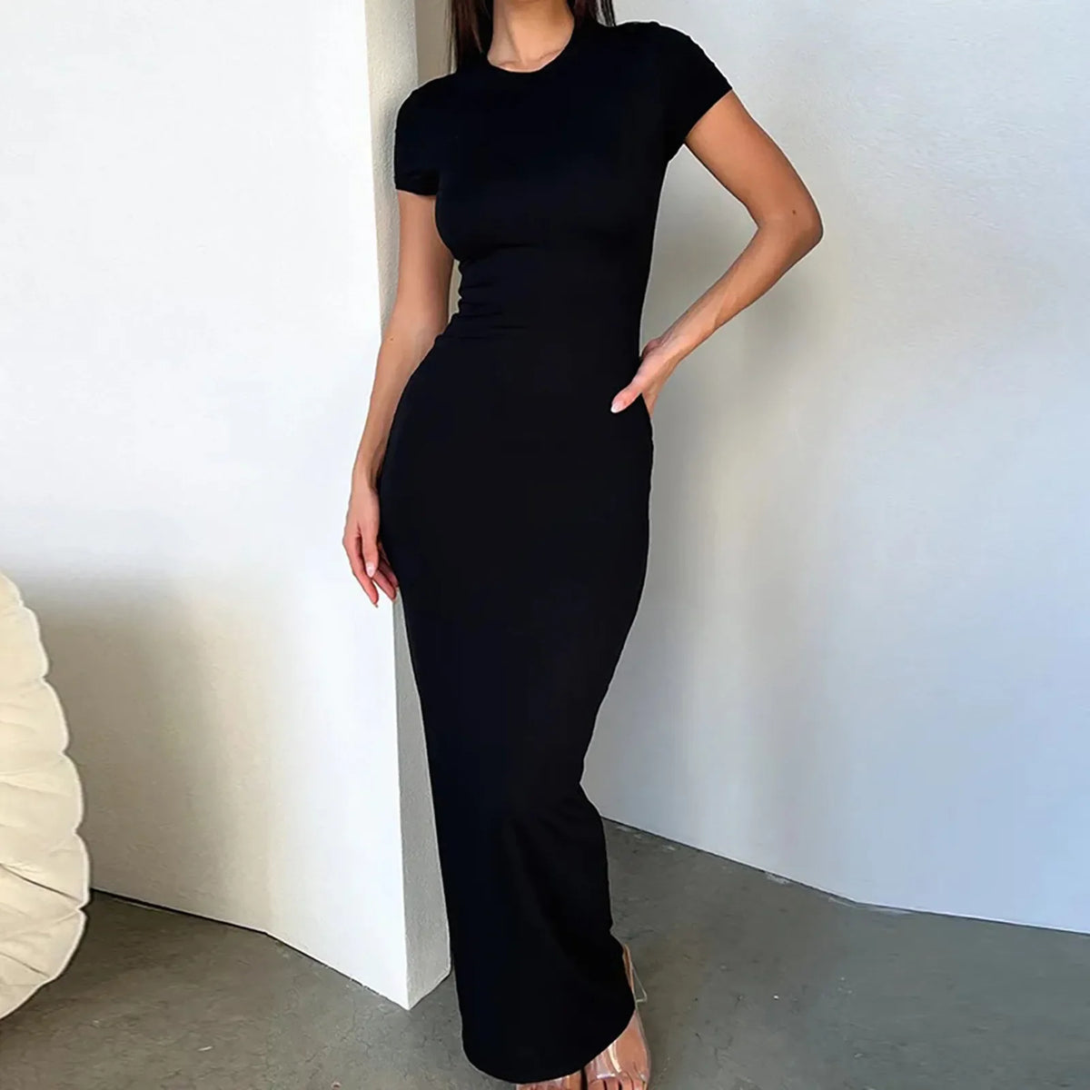 Sexy Skinny Women's Bodycon Party Casual Fashion O-neck Short Sleeve Solid Color Wraped Hip Package LongFemale Sexy Fit Dresses