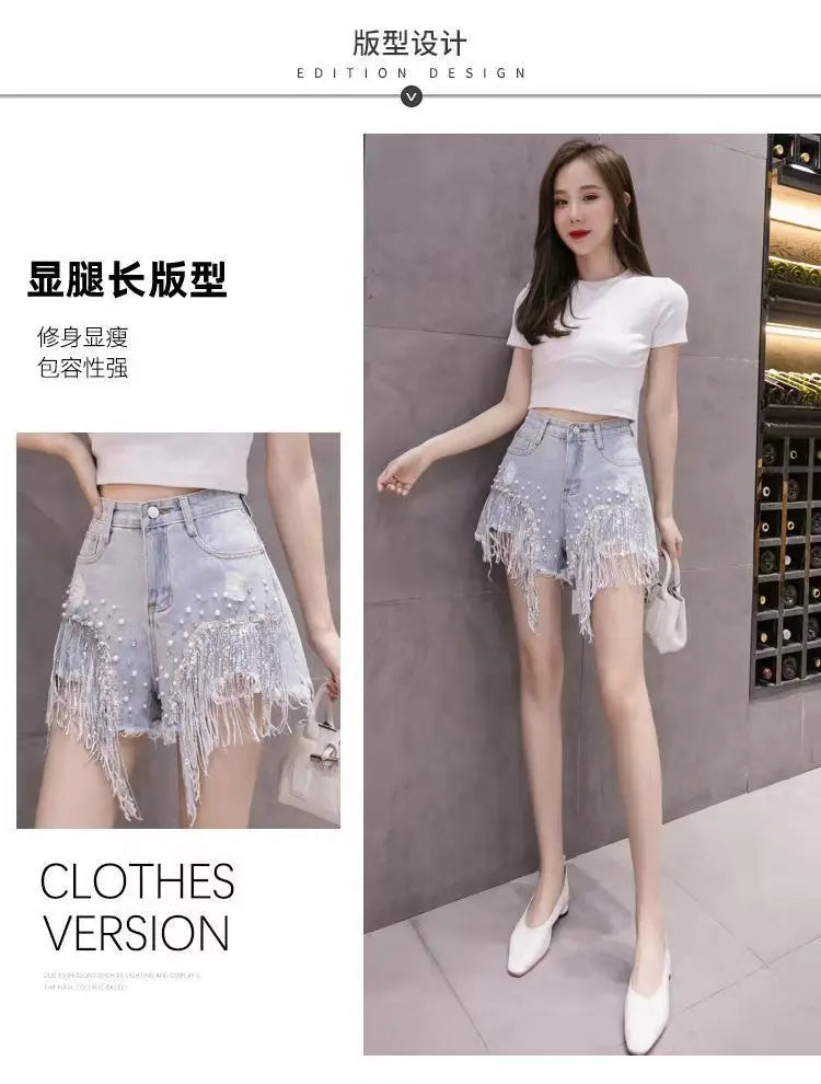 2026 Summer New Personalized Denim Shorts for women's High waisted Diamond Studded Heavy industry Sequin Tassel Fashion Shorts